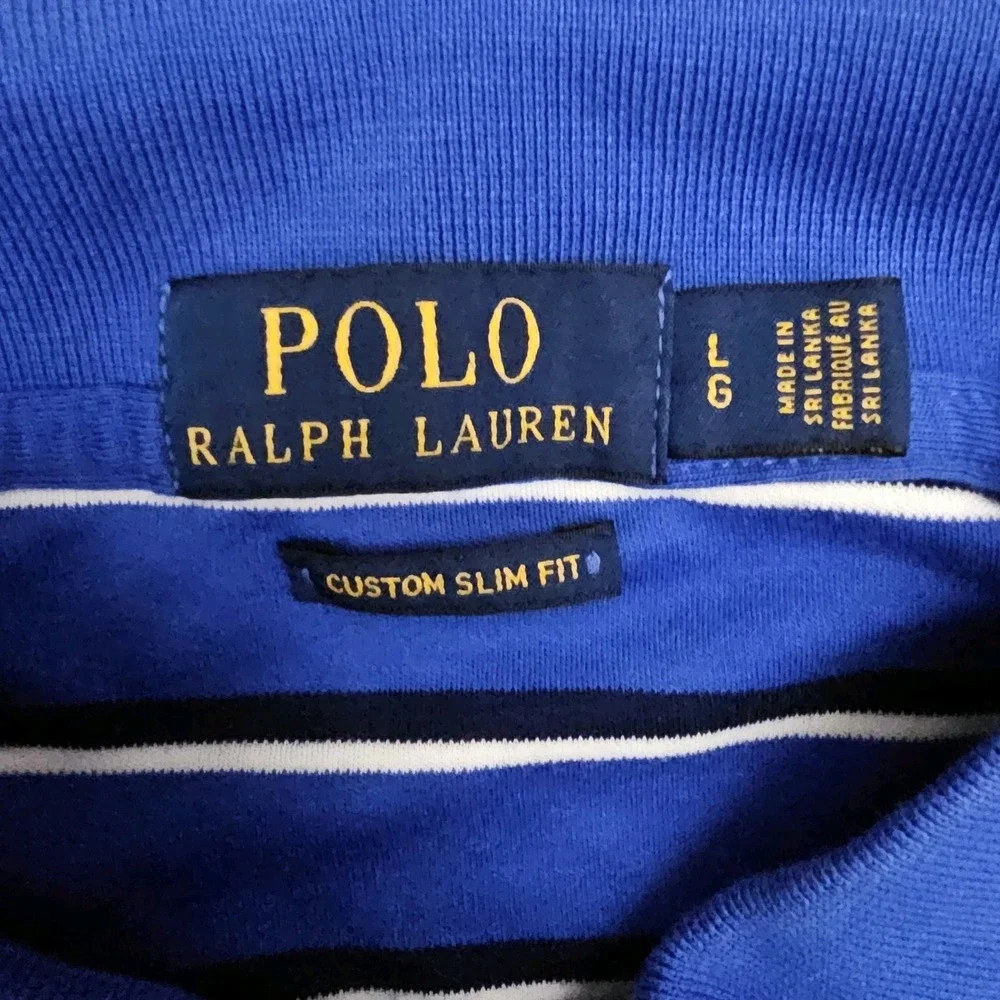 Polo Ralph Lauren Mens Large Blue‎ White Stripe Custom Slim Fit Polo Flesh Pony